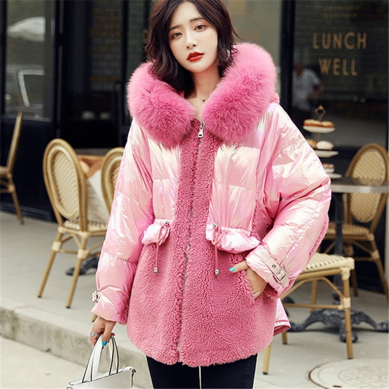 

2019 New real fox fur collar Down jacket Women Korean Loose belt Hooded Coat Fashion Warm Winter splice Outerwear W170