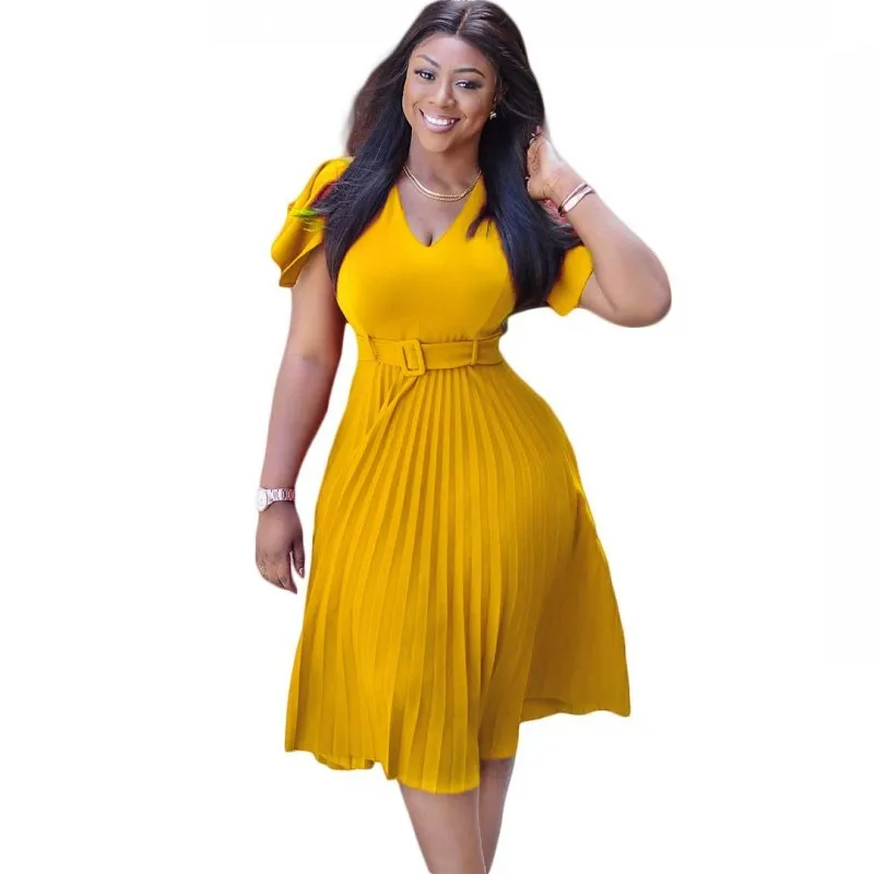 New Summer African Dresses For Women Sexy V-Neck Solid Color Pleated Skirt Flying Sleeves Mid-Length Elegant Party Dresses 2021