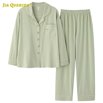 

Spring Autumn Turn Down Collar Green Long Sleeve Long Pants Sleepwear Fashion Casual Style Woman Clothes Pajamas Set Pj Set
