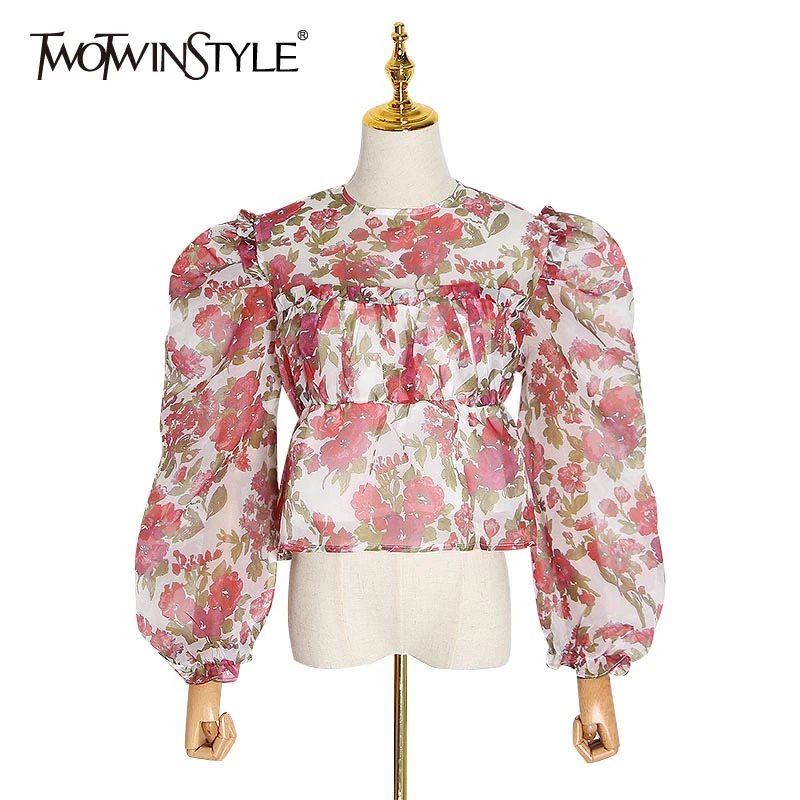 Женские блузки с рюшами TWOTWINSTYLE свободные круглым вырезом и длинными рукавами