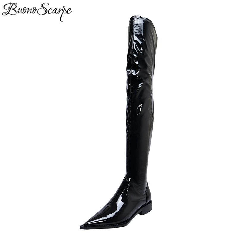 Buono Scarpe/Сапоги до бедра из лакированной кожи с острым носком; Женские Сапоги выше колена; облегающие сапоги В рыцарском стиле на выпускной; Botas Mujer; плиссированная обувь