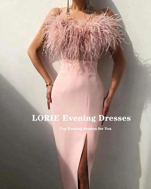 LORIE Straight Four-way Stretch Tea-Length Evening Dresses 2021 Prom Dress With Feather Side Slit Vestidos De Fiesta Party Gowns Blush Pink