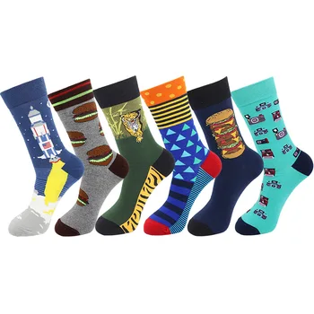 

Colorful Cotton Mens Socks Funny Food Cake Geometric French Fries Happy hamburger Harajuku Graphic Socks for Christmas Gift