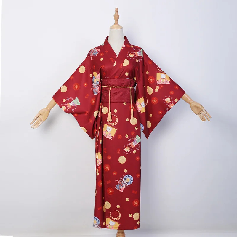Wine Red Kimono Obi Женские кимоно платье японский традиционный стиль элегантные вечерние с принтом Yakata Ретро Национальный хаори год фотографии костюм - Цвет: Wine Red Kimono Obi