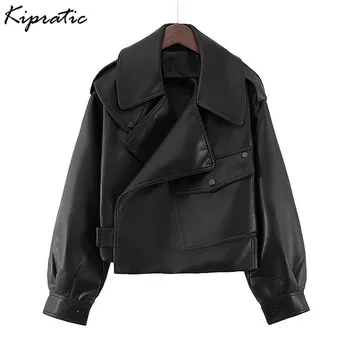 

Women Loose Short PU Leather Jacket Spring New Motorcycle Biker Faux Leather Jacket Pocket Black Turn-down Ladies Casual Outwear