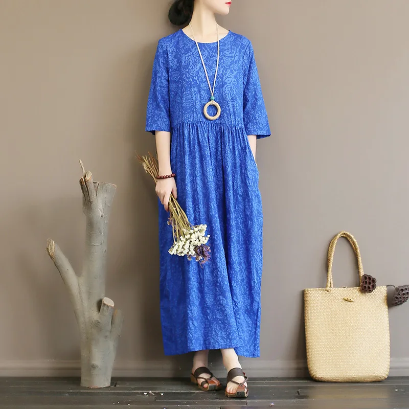 

Original literature retro women's salt shrink cotton travel holiday dress loose long dress robe summer