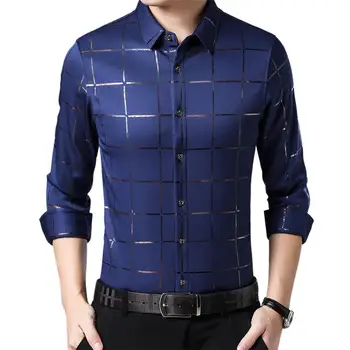 

2020 Plus Size Men Casual Long Sleeve Turn Down Collar Checks Button Slim Shirt