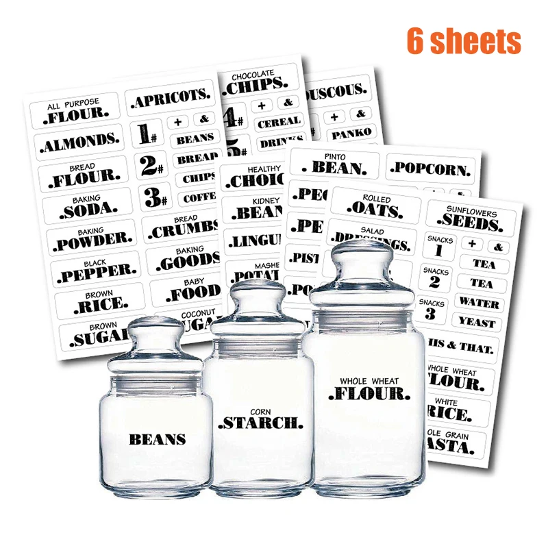 Farmhouse Pantry Labels 6 Sheets Transparent Waterproof Pantry Stickers Food Jar Labels for Organization CLH@8