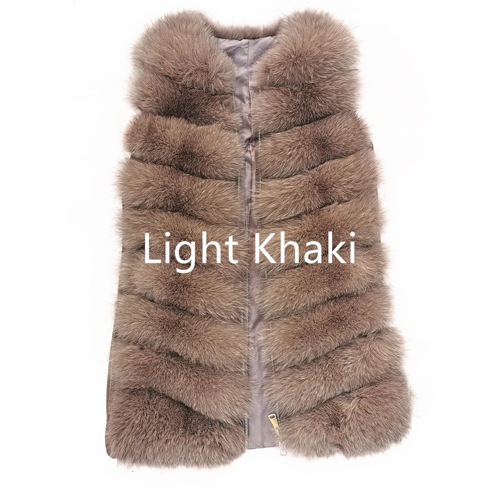 Khaki 88cm Новинка, жилет из натурального меха, шуба, модный жилет из лисьего меха, шуба высокого качества из натурального Лисьего меха, женская зимняя шуба из лисьего меха, жилет на молнии - Color: Khaki 88cm