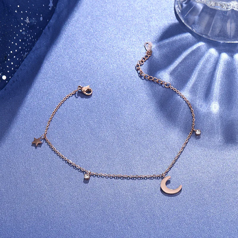 

JeeMango Titanium Stainless Steel Bohemia Star Moon Anklets For Women Girls Rose Gold CZ Crystal Anklet Jewelry RN03081