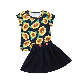 

2019 Summer Newborn Kids Baby Girls Sunflower Tops T-shirt Solid Skirt Outfits Clothes Set