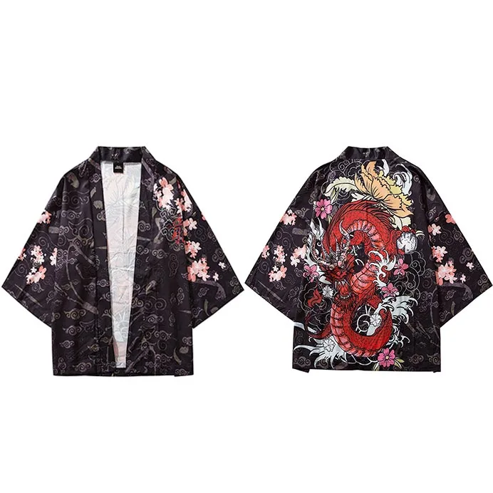 В стиле «хип-хоп» Для мужчин куртка в уличном стиле китайский Огненный Дракон принт Harajuku кимоно куртка японский летние шорты Тонкий платье Япония Стиль - Цвет: A227051