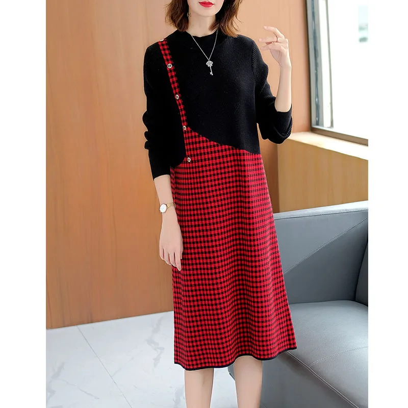 

Pattern Lady Jersey Dress Women's Europe And America Western Style High-End Loose-Fit Mid-length Sweater Dress