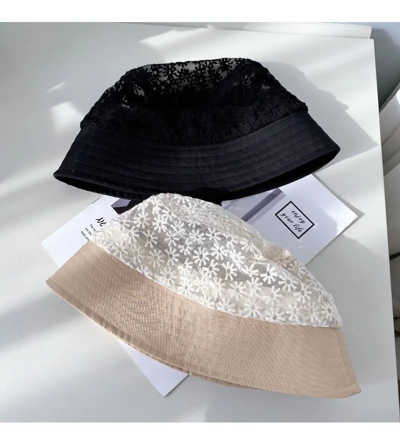 2021 New Spring Summer Lace Flower Embroidery Patchwork Cotton Lady Girls Holiday Beach Bucket Cap Women Casual Panama Hat Cape kate spade bucket hat