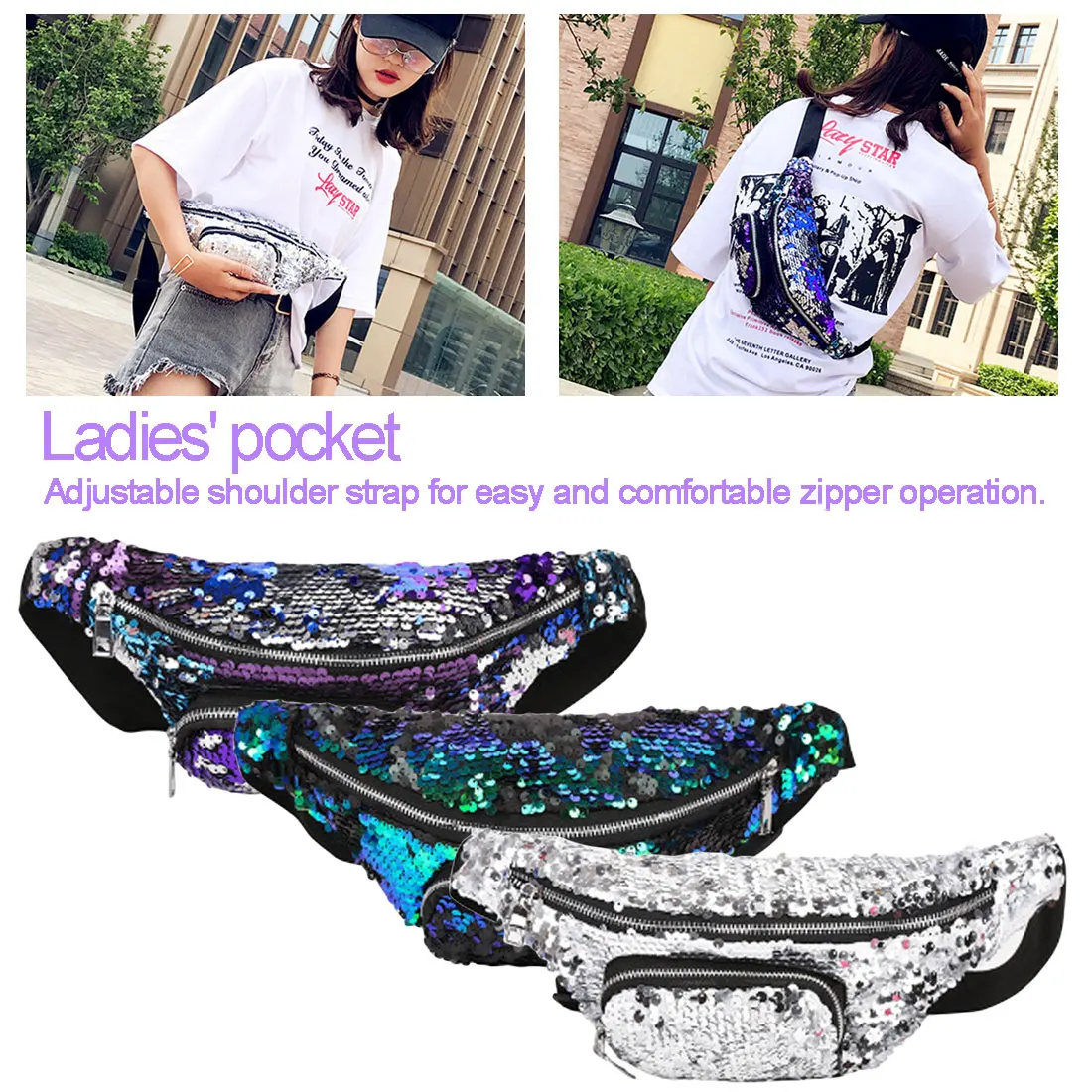 

Sport Hip Purse Messenger Chest Bag Sequin Glitter Waist Fanny Pack Reversible Sequins Fanny Pack Belt Bag Pouch Travel
