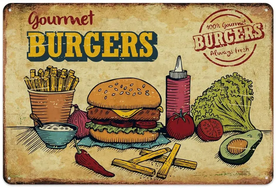 

Original Vintage Design Tin Metal Wall Art Signs, Hamburger Thick Tinplate Print Poster Wall Decoration