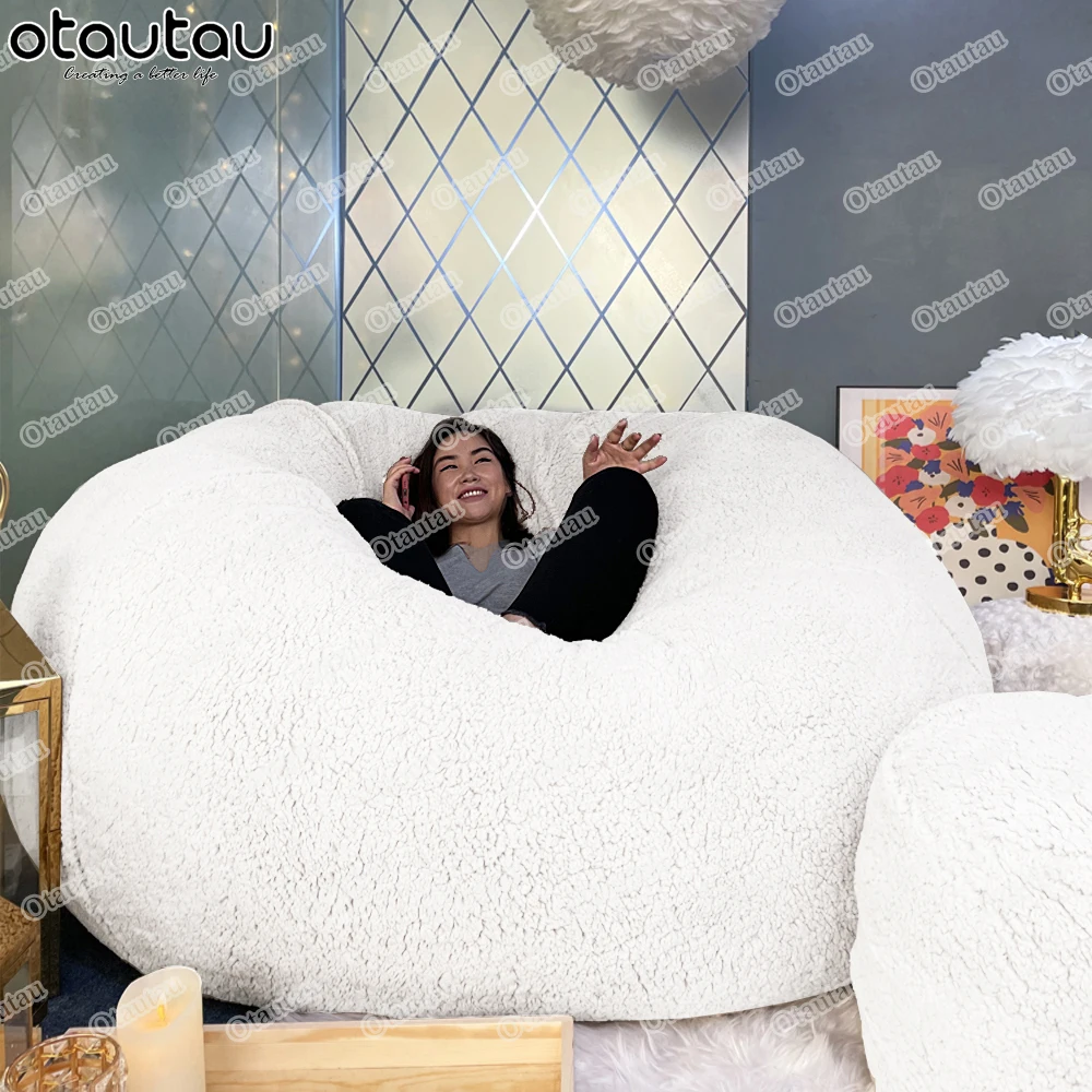 OTAUTAU Big Cube Fluffy Fur Bean Bag Pouf Ottoman Cover Beanbag Chair  Footrest Floor Seat Footstool Futon Stool Bench JD12LSM1T