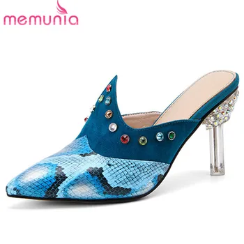 

MEMUNIA 2020 genuine leather shoes women slipper sexy thin high heels party wedding shoes crystal snake summer slipper ladies