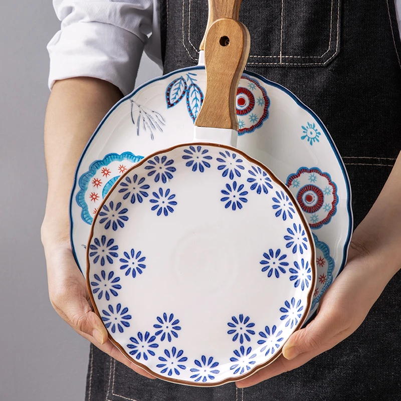 Flower Japanese Dinner Plate With Wooden Handle Ceramic Steak Pizza Plate Kitchen Salad Dish Soup Bowl