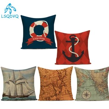 

Vintage Style Mediterranean Sailing Boat Anchor Map Decorative Pillows Cojines Cotton Linen Retro Cushion Cover for Living Room