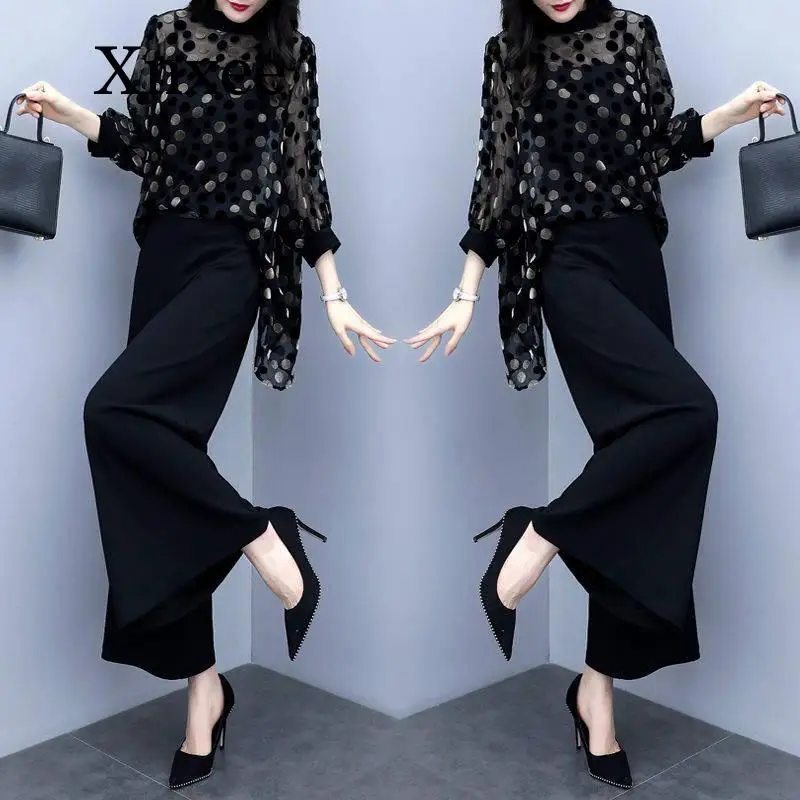 Dot Two Piece Set Top Pants Long Women  Summer Chiffon Blouse Shirt Female ClothingThree Quarter Sleeve Blusas Women's Office