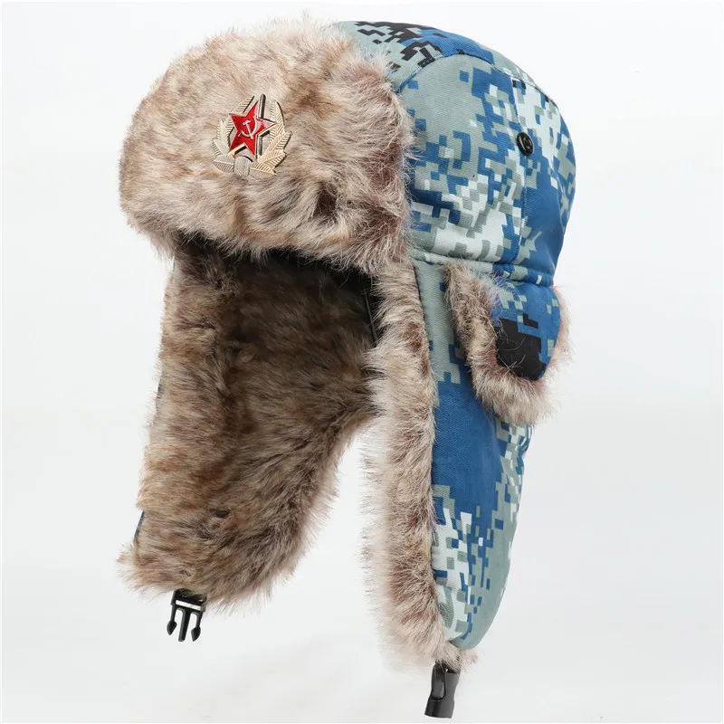 Winter Hat Soviet Badge Ushanka Bomber Hats Camouflage Windproof Warm Earmuffs Men Women Outdoor Thicken Russian Hat with Ears fur bomber hat mens Bomber Hats