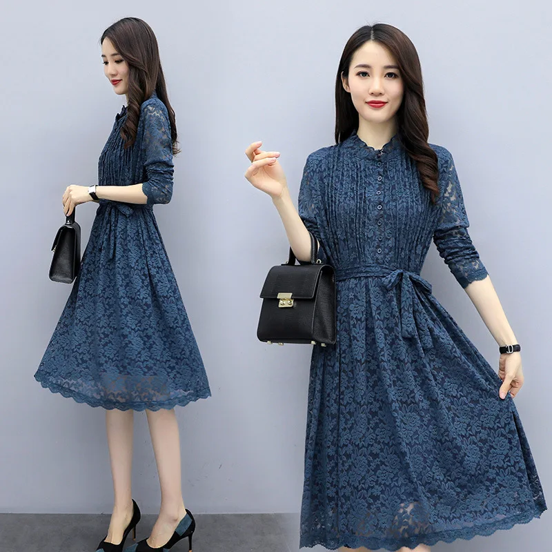 

Lace Base Shirt Women's Mid-length 2019 Autumn New Style Korean-style Loose-Fit Lace-up Cover Belly Lace Dress Spring
