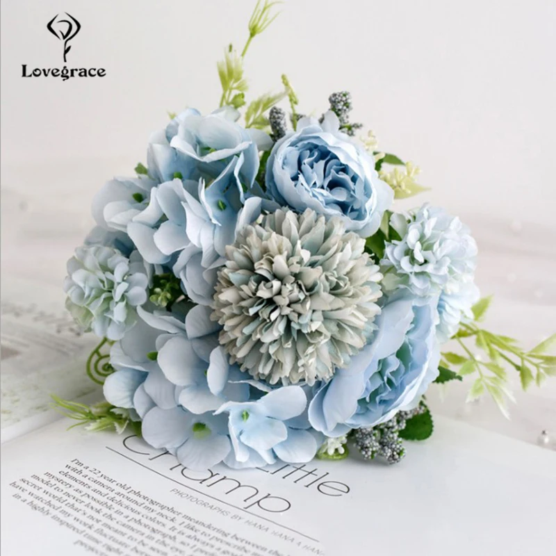 peony-blue Lovegrace Свадебный букет искусственного шелка розовый цветок пиона букет невесты розовая Гортензия помпон бутон ваниль шип Свадебные Поставки - Цвет: peony-blue