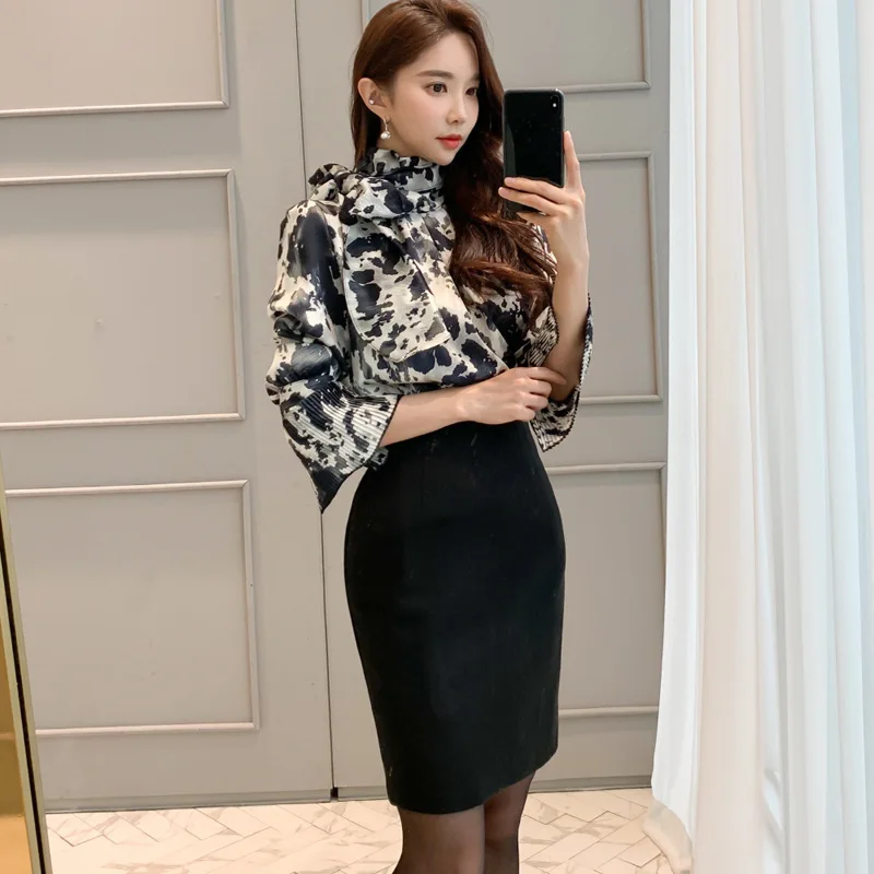 

2020 Spring New Style Korean-style Elegant Lace-up Print Shirt Tops Fashion Slim Fit Skirt WOMEN'S Suit