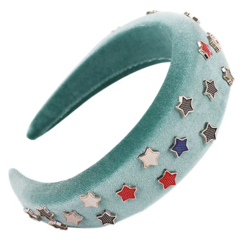 Женская Толстая губчатая повязка на голову с подкладкой в стиле ретро, металлическая пентаграмма, широкий обруч для волос с заклепками и звездами, стильный головной убор из бархата - Цвет: Синий