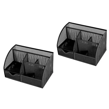 

Mesh Desk Organizer Office with 6 Compartments + Drawer/Desk Tidy Candy/Pen Holder/Multifunctional Organizer (Black 2 Pack)