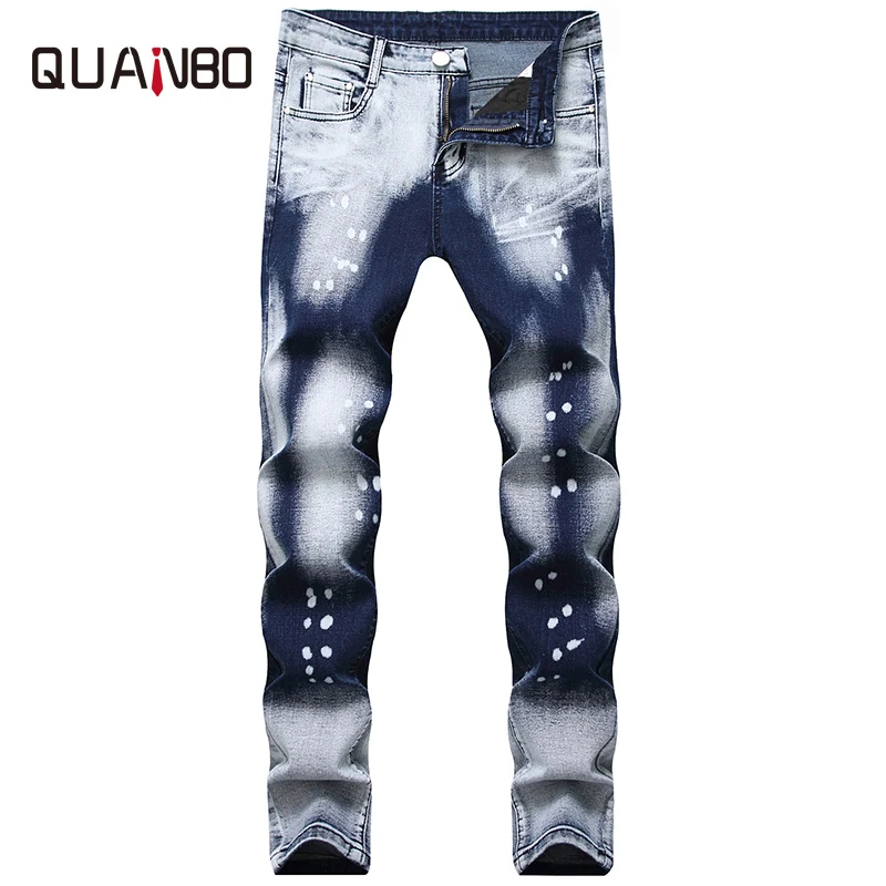 QUANBO Men Biker Jeans New Autumn Winter Fashion Wash Two-tone White Dot Jeans Straight Slim Fit Men's Denim Trousers 38 40 QUANBO Men Biker Jeans New Autumn Winter Fashion Wash Two-tone White Dot Jeans Straight Slim Fit Men's Denim Trousers 38 40