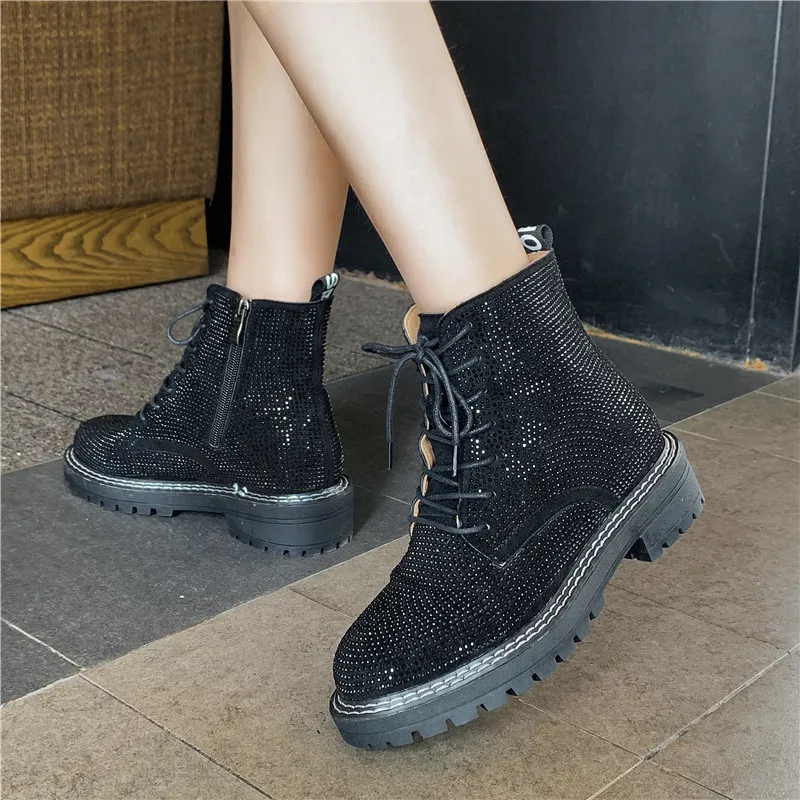 

Winter Female Sexy Rhinestone Ankle Boots Comfortable Round Head Lace Up Martin Boots Women High Heel Shoes Woman Casual Shoes