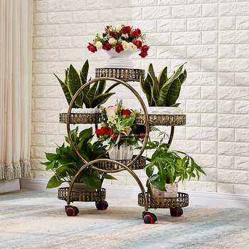 

High Quality Steel Flower Rack Balcony Wrought Iron Multi Wheel Flower Rack Living Room Decoration Floor Type Shelf Indoor
