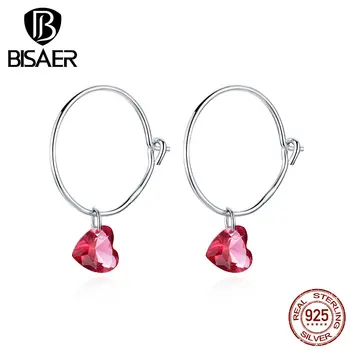 

Big Round Earrings BISAER 925 Sterling Silver Hyperbole Pink Cubic Zircon Love Heart Stud Earrings for Women Jewelry EFE317