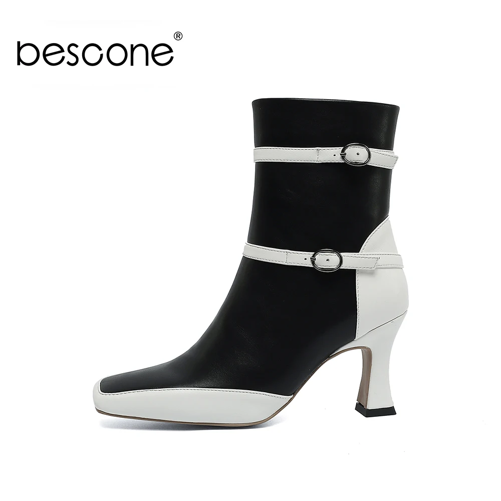 

Bescone Winter Warm Ankle Boots Woman Black White Patchwork Small Square Toe High Thin Heel Buckle Strap Shoe BM627