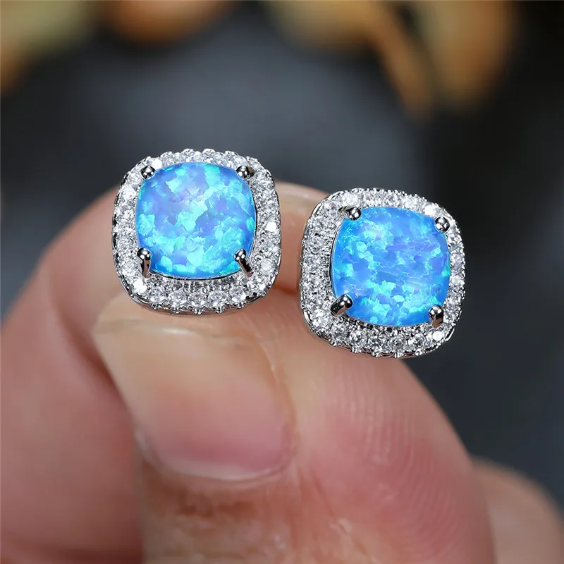 Classic Silver Color Wedding Earrings Green Opal Square Stone Earrings Multicolor Crystal Small Stud Earrings For Women Jewelry