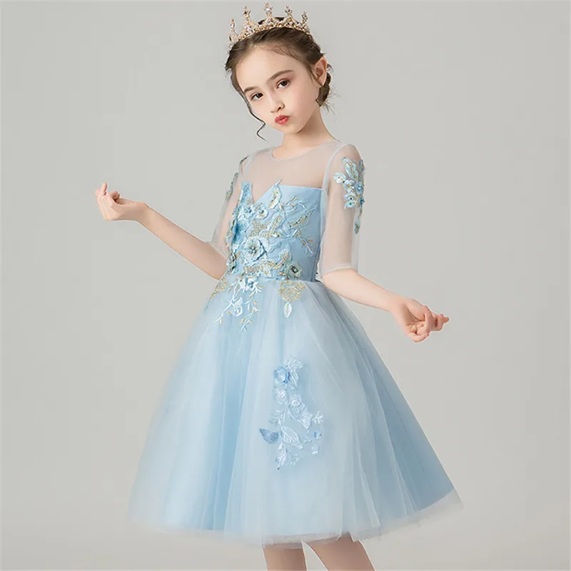 

Little Kids Teens O-Neck Appliques Flowers Blue Color Birthday Holiday Party Princess Tulle Dress Girls Host Communication Dress