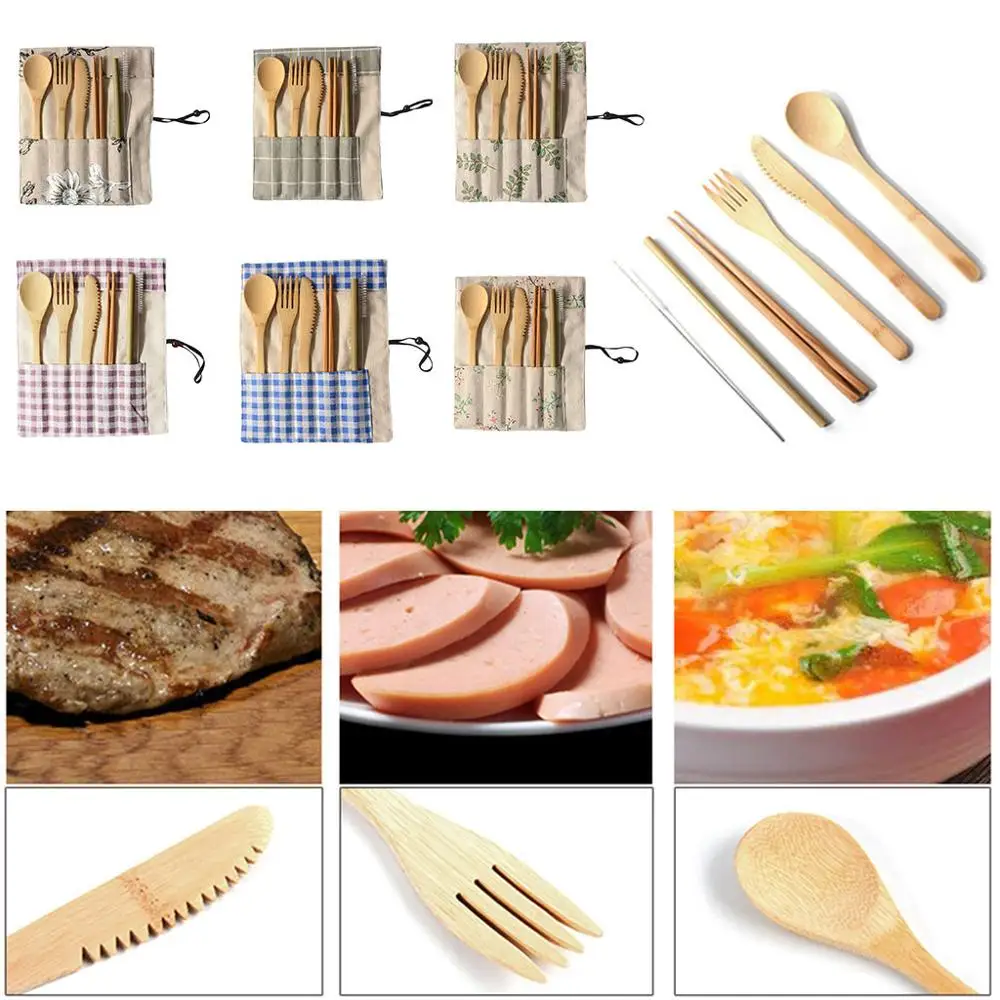 Экологичный бамбуковый набор столовых приборов походная посуда деревянная вилка ложка набор ножей со столовыми принадлежностями сумка для путешествий Набор посуды FDH