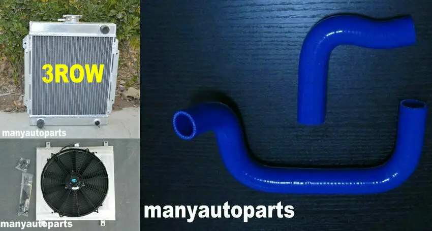 3 core for DATSUN 1200 Manual aluminum radiator& shroud& fan&Blue Hose