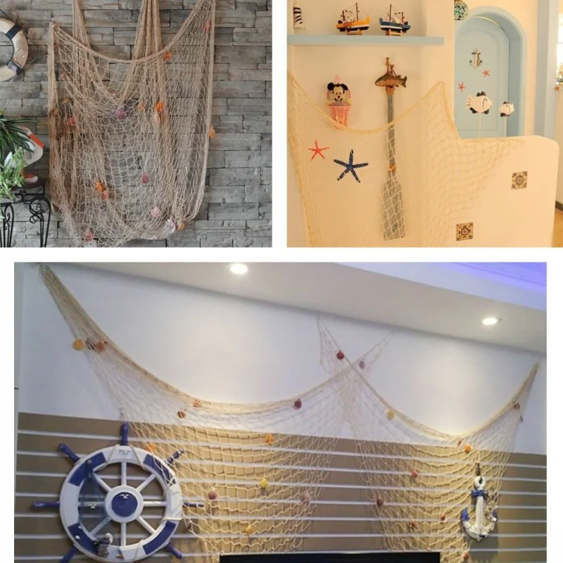 TOP!-Decorative Nautical Fishing Net Seaside Wall Beach Party Sea Shell Decor(Beige