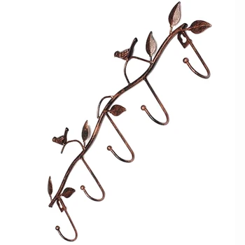 

Iron Birds Leaves Hat/Towel/Coat Wall Decor Clothes Hangers Racks With 5 Hooks Copper red