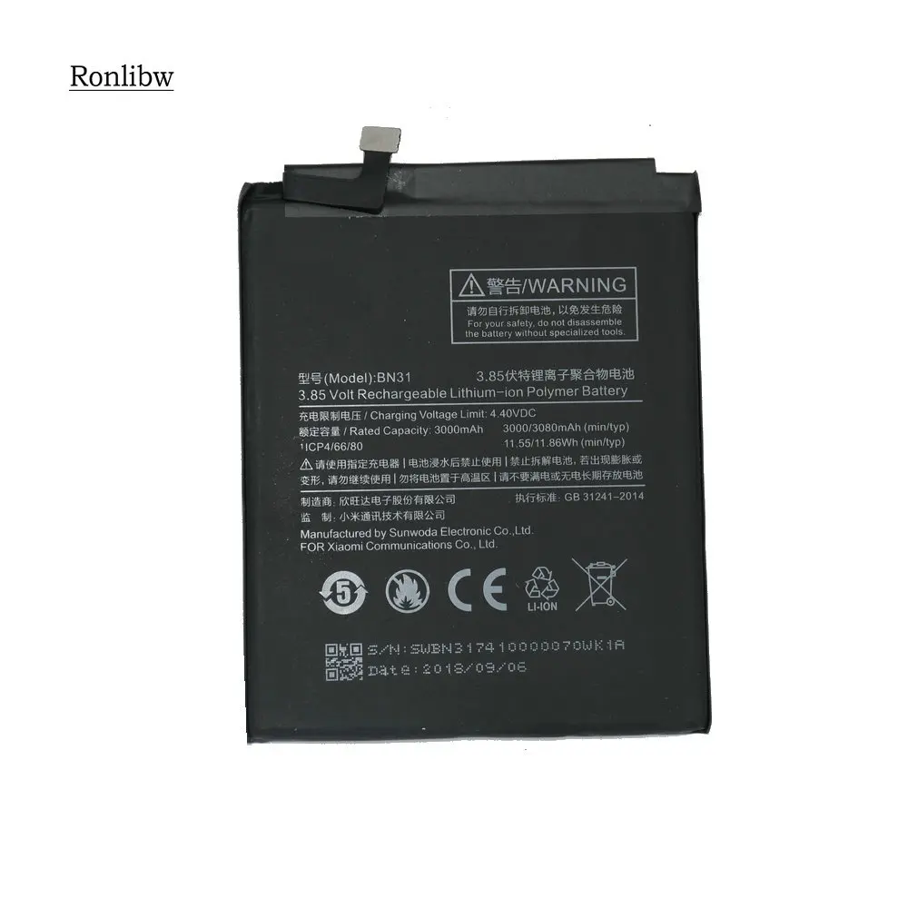 Аккумулятор Ronlibw BN 31 BN31 3000/3080 мАч Сменный аккумулятор для смартфона Xiaomi Mi 5X Mi5X Redmi