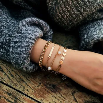 

to act the role of retro geometric metal pearl pendant bracelet multilayer joker contracted bracelet female personality