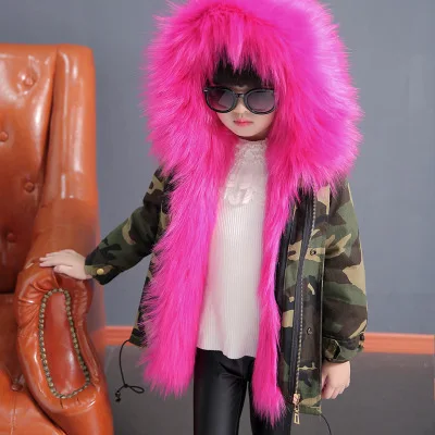 Camo Rose Fur Меховая куртка для девочек и мальчиков зимние парки верхняя одежда для детей ясельного возраста шуба из искусственного лисьего меха для девочек, черная детская одежда с капюшоном, TZ323 - Цвет: Camo Rose Fur