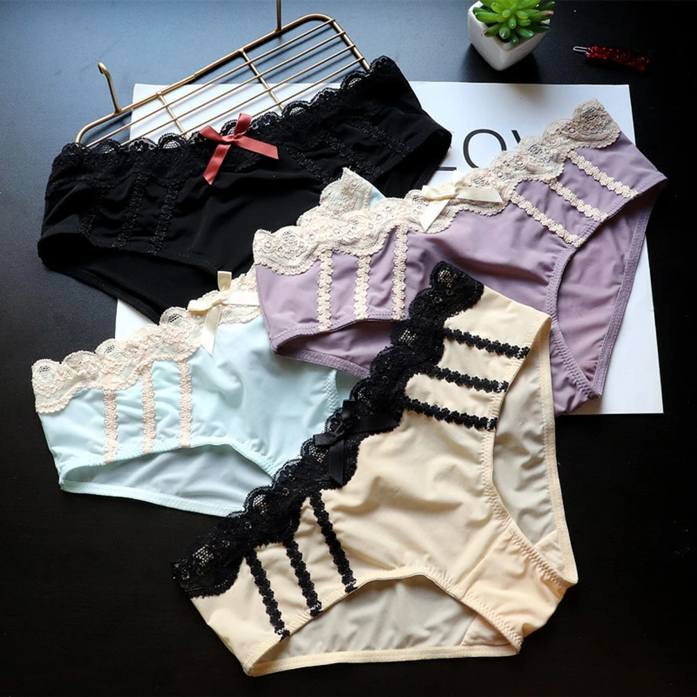 

2020 New Sexy Lace Edge Panties Women Bowknot Low Waist Hip Lift Ice Silk Breathable Briefs Comfortable Ladies Underwear