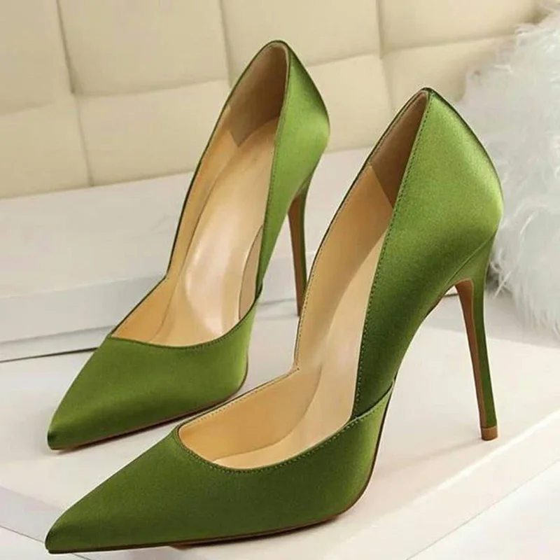 

Satin Green Stilettos Pumps Woman Super High Thin Heels Slip On Pointed Toe Office Ladies Wedding Shoes Mature Large Size 12 16