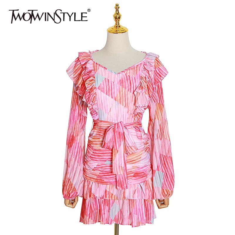 TWOTWINSTYLE Vintage Print Women Dress V Neck Lantern Long Sleve High Waist Lace Up Bow Ruffles Ruched Hit Color Dresses Female TWOTWINSTYLE Vintage Print Women Dress V Neck Lantern Long Sleve High Waist Lace Up Bow Ruffles Ruched Hit Color Dresses Female
