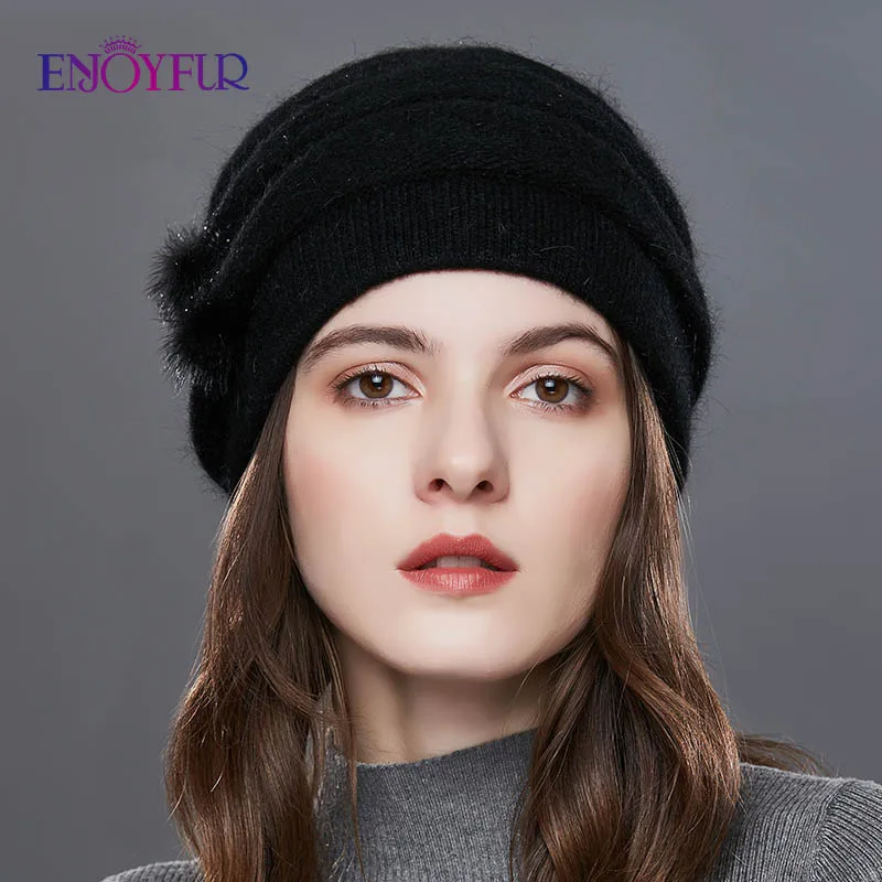 ENJOYFUR кашемировые женские зимние шапки с помпоном, шапка с полосками, вязаная шапка для женщин, модная женская кепка для среднего возраста Стразы, толстая шапка