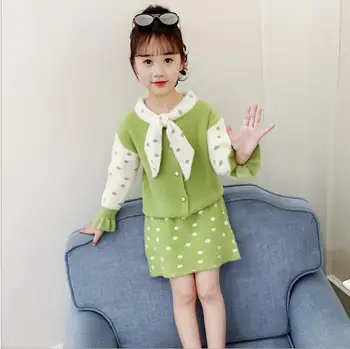 

Kids Clothes For 6 To 14 Year Teenage Girls Two Pcs Sets Knitted Bow Dots Cardigan With Skirts Children Clothes